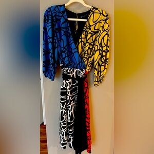 NY&C wrap dress, size large, red, yellow, black and blue